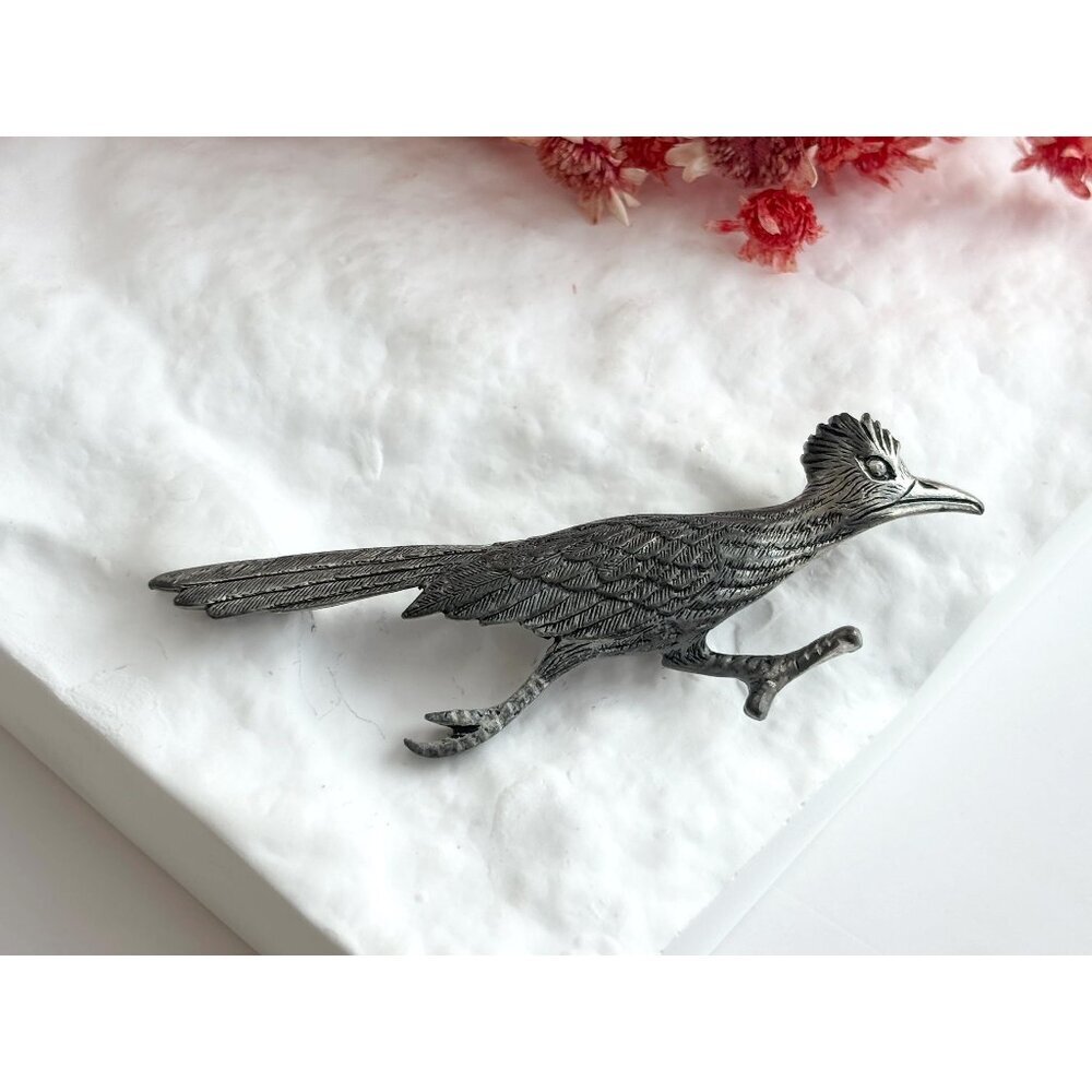 Foritt Signed Roadrunner Figural Pewter Silver Toned Vintage Brooch Pin